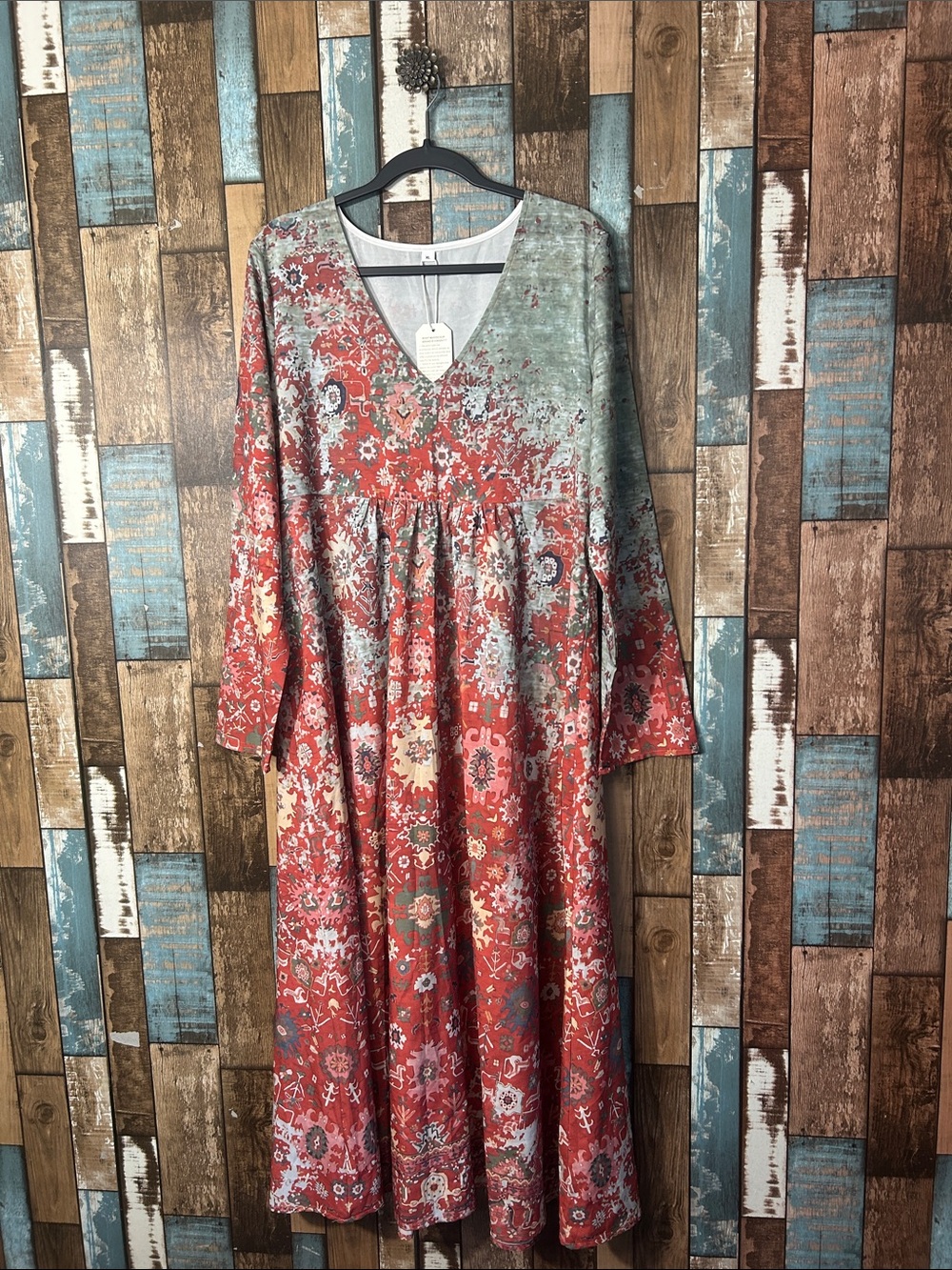 Boho V-Neck Maxi Dress in Coral and Sage